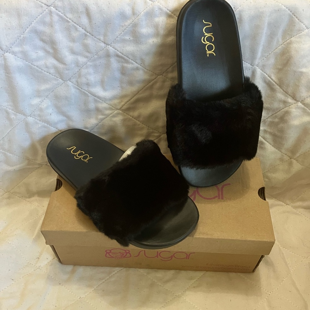Sugar Black Plush Slippers